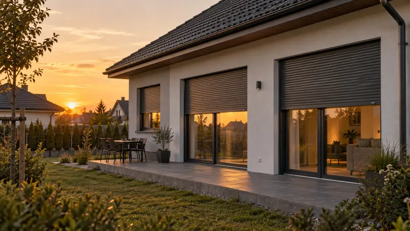 Automatyczne rolety zewnętrzne w nowoczesnym domu jednorodzinnym sterowane przez system smart home