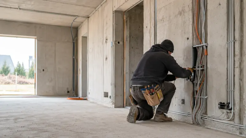 Elektryk wykonujący instalację elektryczną w nowym domu jednorodzinnym w Nowej Soli